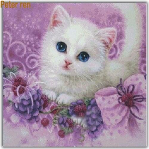 Diamond painting cross stitch artwork Full diamond embroidery Animal round\square diamond mosaic White cat purple flower