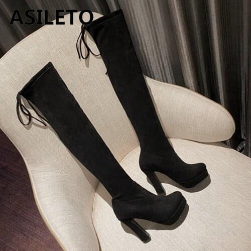 ASILETO 2021 New Sexy Platform Over Knee High Bootie Stretchy Lace Up Suede 10cm High Heel Autumn Winter Big Size 33-43 S2430
