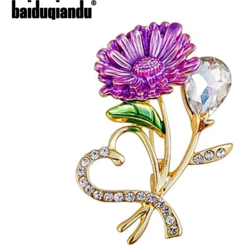Baiduqiandu Women Purple Daisy Brooches Pins With Glass and Rhinestones Heart Shape Flower Plant Jewelry Wedding Banquet
