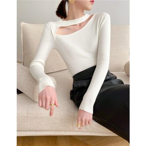 White Sweater Women Black Pullovers Sexy Slim Knit Tops Front Hole Long Sleeve Jumper Jersey Fashion Streetwear Basic Korean ins