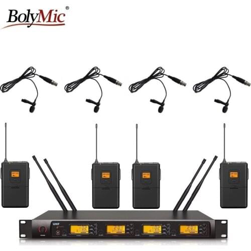 Bolymic 4 Channels wireless microphone UHF PLL Tie Clip Lavalier Microphone System