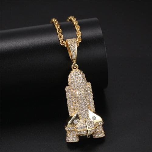 Bling CZ Space Rocket Iced Out Cubic Zircon Necklaces & Pendants For Men Hip Hop Jewelry Charm Streetwear Accessories