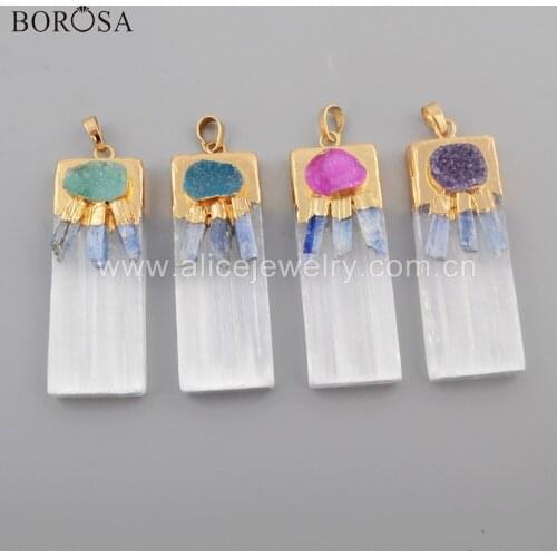 BOROSA 5PCS 20" Gold Plated Selenite Stone With Natural Kyanite Rainbow Agates Druzy Pendants Necklace Handmade Jewelry G1779