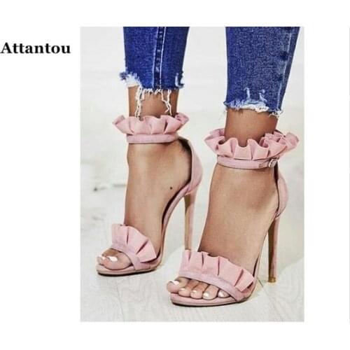 Newest arrival sweet girls ruffles single strap sandals high heels stiletto heel shoes pink color dress open toe sandals on sale