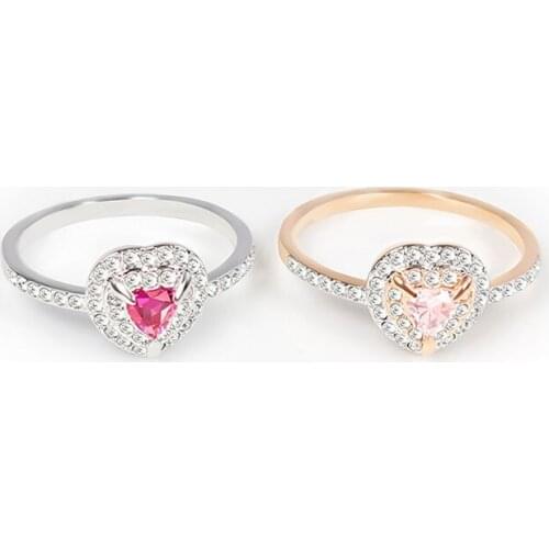 Brand 1:1 Ocean Heart Pink Rose Red Love Crystal Diamond Ring Elegant Luxury Ladies Silver Jewelry