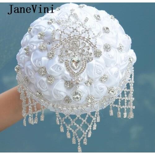 JaneVini 2019 Luxury Rhinestone Crystal Brooch Wedding Flowers Bridal Bouquets Artificial White Satin Rose Bouquet Ramo De Novia