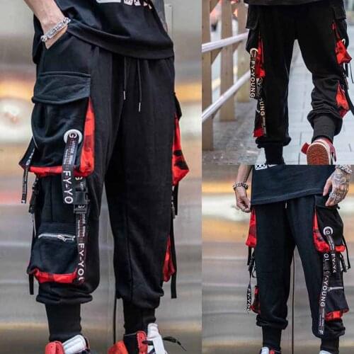 Hip Hop Joggers Men Letter Ribbons Cargo Pants Pockets Track Tactical Casual Techwear Male Trousers Sweatpants Sport Streetwear