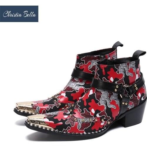 Christia Bella Printing Men Shoes Genuine Leather Boots Fashion Rivtes Metal Pointed Toe Boots Big Size Zipper Short Boots
