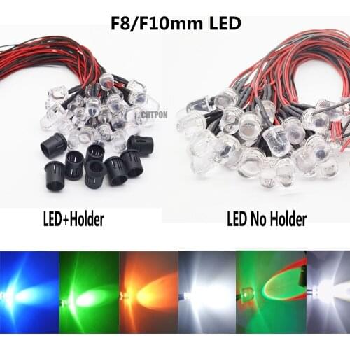 DC5-12V 8mm 10mm Red/Green/Blue/RGB Fast Slow white UV Round Pre-Wired Water Clear LED With Plastic Holder 10PCS/lot