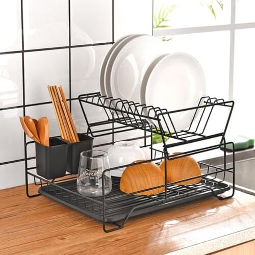 Double Rows Stainless Steel Dishes Drying Rack With Drain Board For Kitchen Counter Dishes Rack With Utensil Holder New