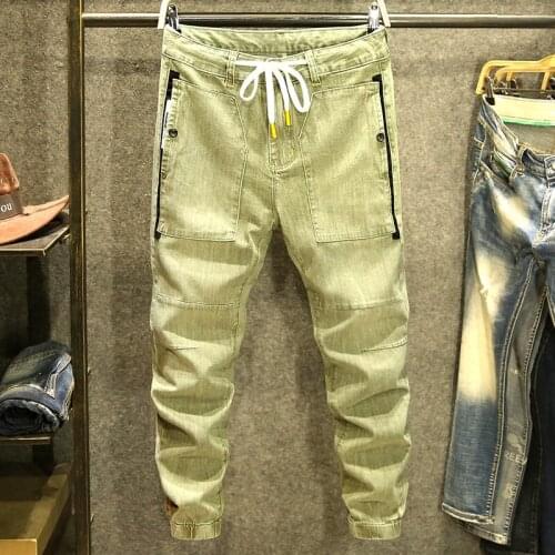 Summer Army Green Lace-Up Ankle Length Jeans Men Slim Fit Casual Pencil Pants Korean Style Big Pocket Micro-Elasticity Fashion