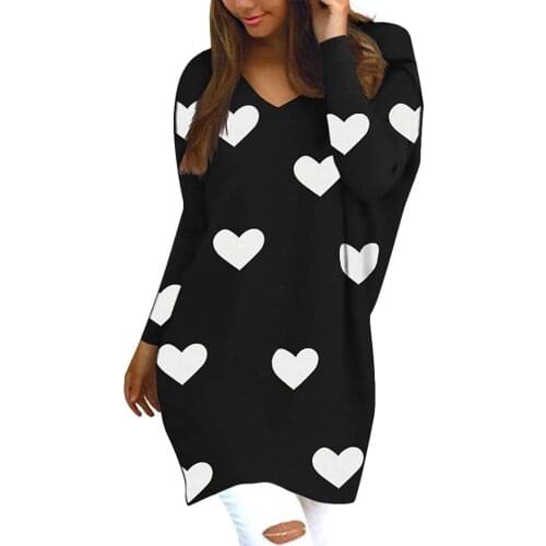 Womens T-Shirts Jumper Heart Printed Oversize Top Causal Long Sleeve Plus Size V Neck Loose Elegant Pullover Tops блузка женская
