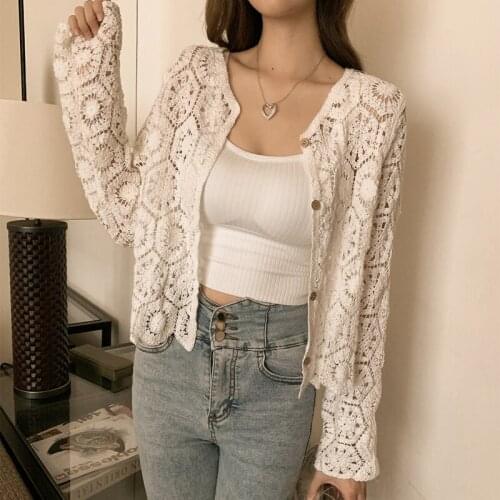 Hollow Out Solid White Long sleeves Short Knitt cardigan with Summer Women Clothing Cotton Coat Sweater Knitt cardigan 32J
