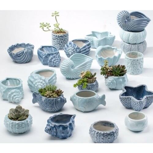 European Cute Flowerpot Porcelain Blue Fish Flower Vase Mini Bonsai Cactus Flower Pot Succulents Planter Home Garden Decor