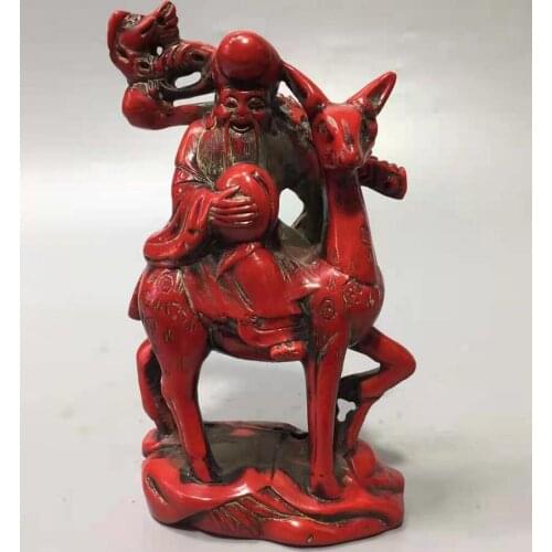 Chinese imitation red coral longevity Buddha Riding deer crafts statue