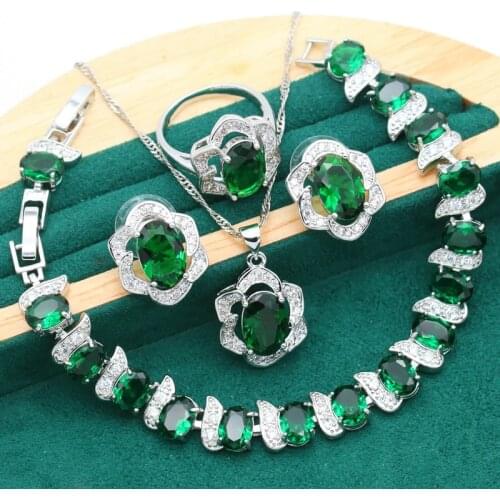 Classic Silver Color Jewelry Sets For Women Wedding Green Black Zircon Bracelet Earrings Necklace Pendant Ring Free Box 4PCS