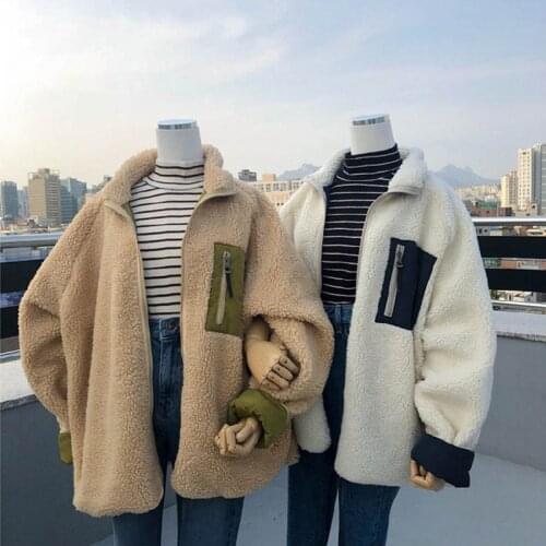 2020 Brand New Autumn Winter LambWool Fur Jacket Turn-down Collar Double Sided Streetwear Vintage Zipper Patchwork Jacket Coat