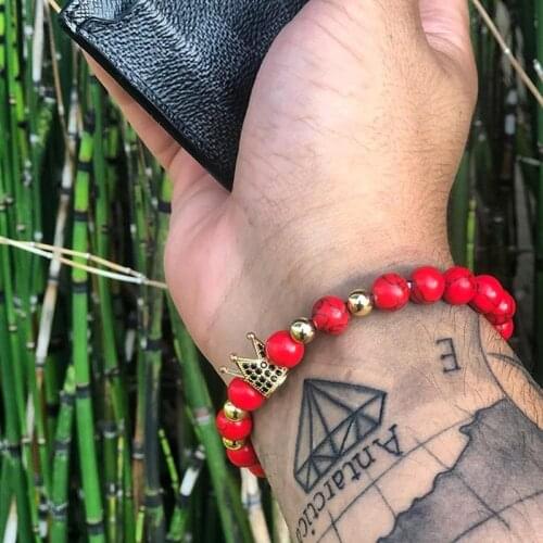 Red Stone Beads Bracelet Crown Men Bileklik Jewelry Mens Accesorios Bracelets For Women Pulseira Bijoux Armband Moda Hombre 2019