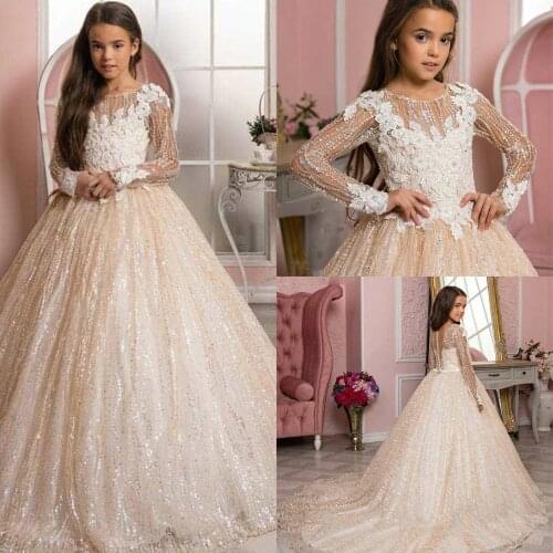 New Champagne Children Pageant Evening Clothes Top Ballgown Flower Girls Clothes For Weddings First Communion Clothes For Girls