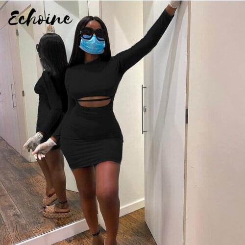 Solid Women Hollow Out Mini Dress Turtleneck Long Sleeve Stretch Bodycon Sexy Streetwear 2020 Autumn Winter Fitness Club