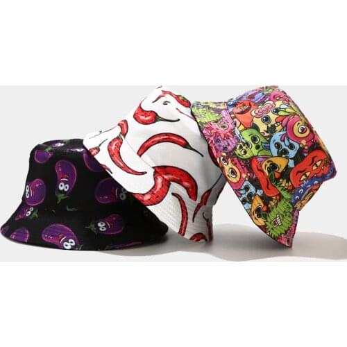 New Reversible Fisherman Hat Cartoon Vegetables Womens Summer Bucket Hat Street Hip Hop Casual Printed Unisex Panama Bob Cap