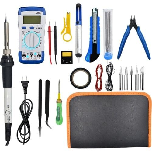 60W 110/220V Adjustable Temperature Soldering Iron Kit Digital Multimeter Soldering Tips Desoldering Pump Cutter Solder Wire