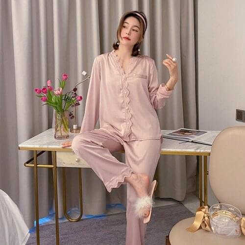 JULYS SONG New Stain Lace Woman Pajamas Set Pieces Spring Autumn Sleepwear Elegant Solid Color V-neck Ice Silk Homewear