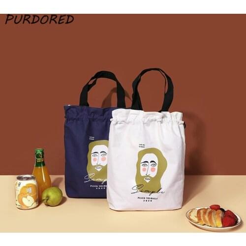 PURDORED 1 Pc New Fashion Literary Style Lunch Bag Vintage Drawstring Food Picnic Cooler Bag Insulated Lunch Bag Breakfast Pouch