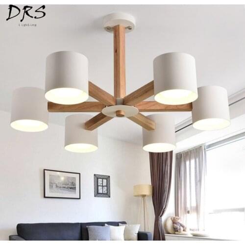 DRS Nordic Chandelier E27 with Iron Lampshade for Living Room Suspendsion Lighting Fixtures Lamparas Colgantes Wooden Lustre
