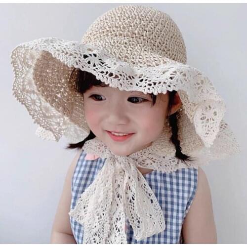 Summer Childrens straw hats Sun Hat Lace All-match Breathable Kids Straw Fisherman Hats for Outdoor travel sunshade Hat Kid Hat
