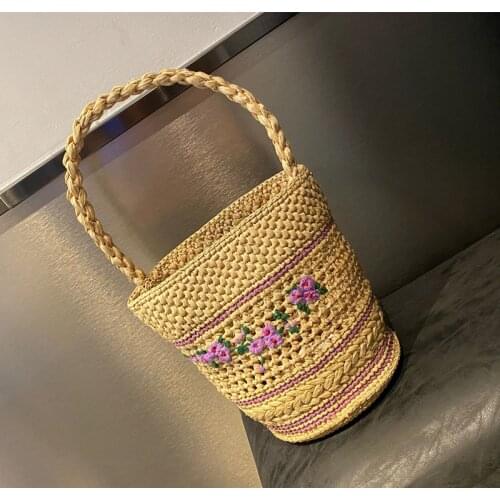 Bohemia Floral Straw Bucket Bag Women Handbag Woven Embroidery Rattan Shoulder Bag Summer Travel Beach Bags for Women 2021 Purse