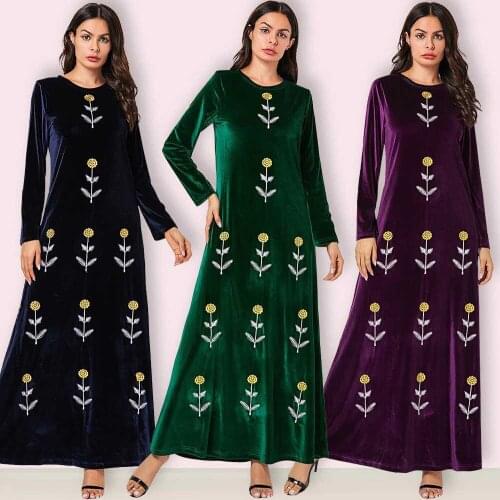 Turkey Velvet Muslim Dress Women Kaftan Floral Maxi Abaya Hijab Dresses Kimono Jubah Robe A-line Islamic Clothing Arabic Dress