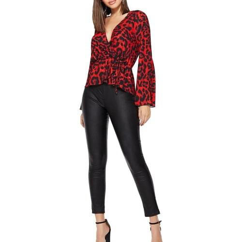 Summer Shirt Long Sleeve Cheetah Leopad Blouse Plunge V Neck Tie Waist Tunic Long Sleeve Flare Fluted Spring Kimono blusas Women