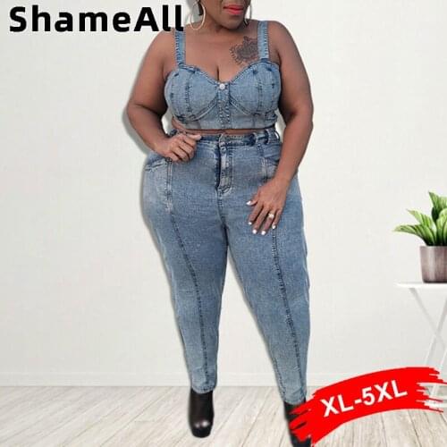 Plus Size Pencil Jeans and Vest 2 Two Piece Sets 4XL Gray Wash Strap Tops Striped Patchworked Stretchy Skinny Denim Pants Suits