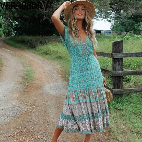 Floral Print Beach Bohemian Dress for Women 2021 Summer Ladies V-neck Short Sleeve Dress Female Tassel Boho Hippie Dress Chic