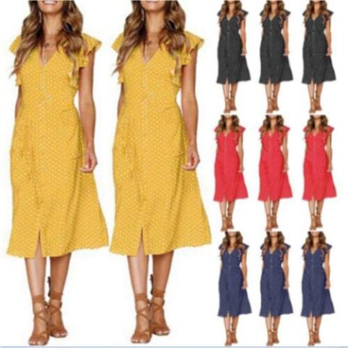 2021 Summer Womens Sexy Polka Dot Hedging V-neck Irregular Button Ruffled Sleeveless Long Skirt Temperament Princess Dress