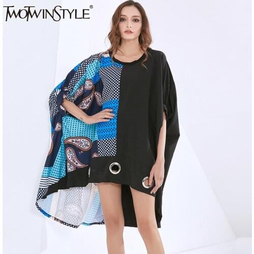 TWOTWINSTYLE Black Print Dress For Women O Neck Batwing Three Quarter Sleeve Hit Color Sequined Designer Dresses Female 2020 New