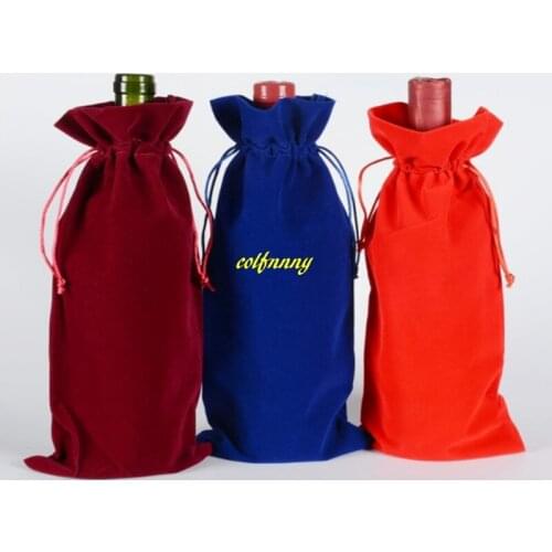 100pcs/lot Fast shipping Flannelette Red Wine Bags Drawstring Wine Bottle Pouch Gift Covers package bag 3 colors