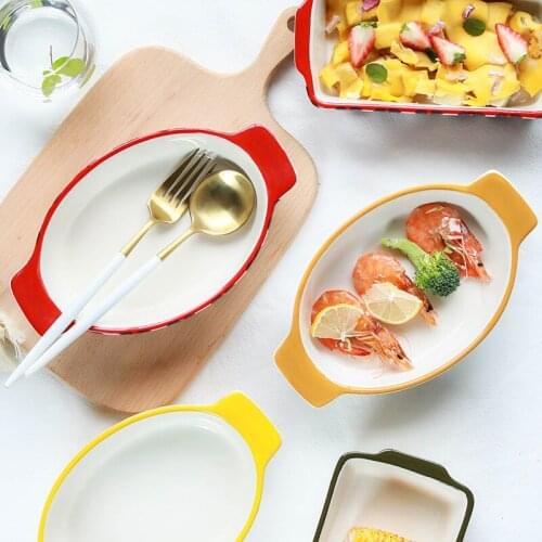 2021 Geometric American Creative Binaural Ceramic Household Rectangular Western Food Baked Rice 22cm Plate