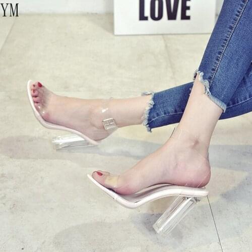2021 PVC Jelly Summer Sandals Crystal Open Toed Ankle Strap High Heels Women Transparent Heel Sandals Square Heel Zapatos 35-43