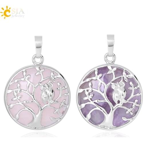 CSJA Tree of Life Pendant Necklace Natural Stone Flat Bead Owl on Trees Crystal Beads Pendants Handmade Reiki Charm Jewelry F337