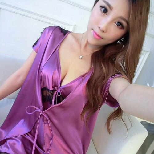 New Arrival 2016 Silk Womens Robe Set Free Shipping Bathrobe + Suspender Nightgown MINI Nightwear With Lace Short Sleeve Hot