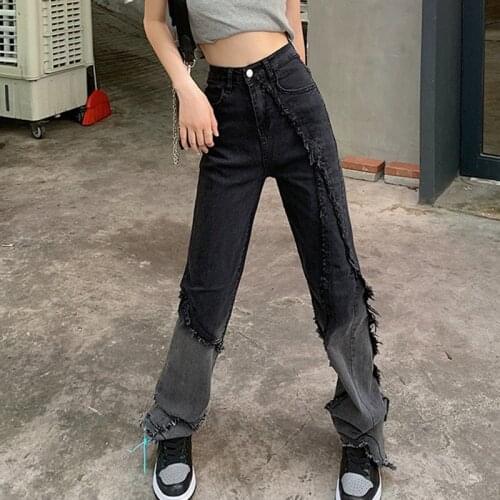 Cotton Gradient Burr Jeans Women High Waist Full Length Straight Trousers 2021 New Korean Style Streetwear Oversize Denim Pants