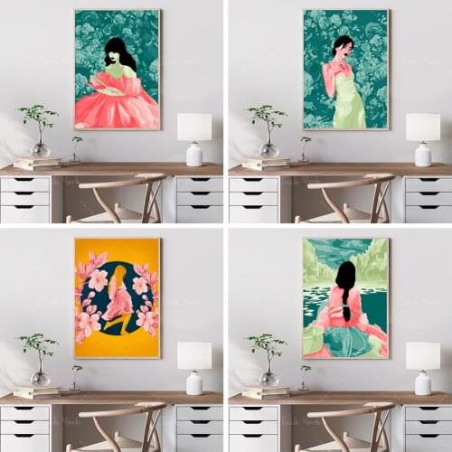 Girl with Flowers Illustration "Josephine" - High Quality Art Print - Girl in a Gown reading in Paris Artwork