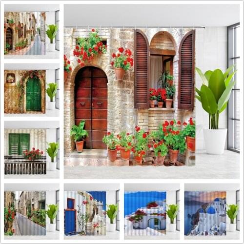 Italy Town Street Scenery Shower Curtains Mediterranean Architecture House Flower Plant Landscape Pattern Flower Bathroom Set