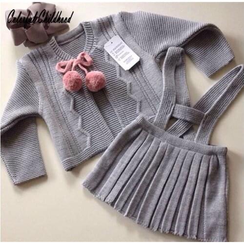 England style baby clothing set Fur Ball Bow Design Cardigan kids girls pleated skirt 2pcs set toddler baby girls clothes 1-6t