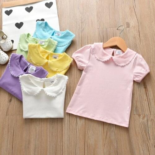 Summer Newborn Baby Pure Color Girls Doll Collar Short Sleeve T-shirt Casual Tops Sweet Fresh Moon Lapel
