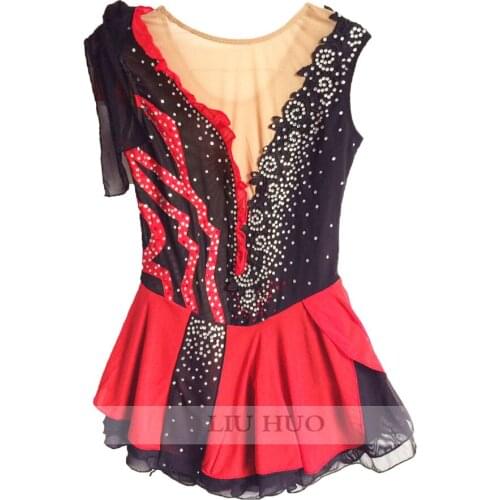 Figure Skating Dress Womens Girls' Ice Skating Dress Black red collocation design Multilayer skirt Figure skating competition
