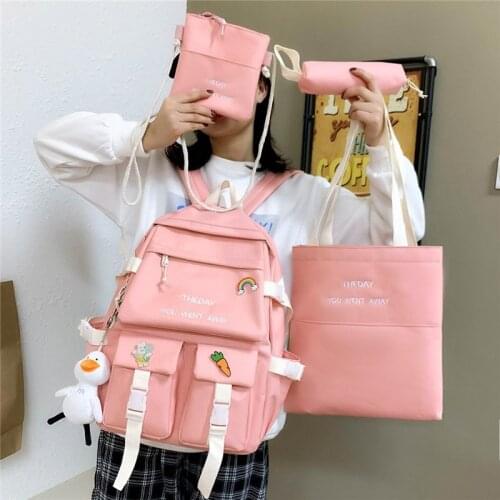 4-piece Set Solid Color Fashion Womens Backpack Nylon Large Capacity Multi-pocket Schoolbag For Girls Waterproof Travel Bags