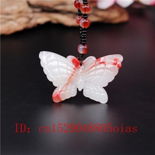 Natural Red White Chinese Jade Butterfly Pendant Beads Necklace Charm Jadeite Jewellery Fashion Carved Amulet Gifts for Women